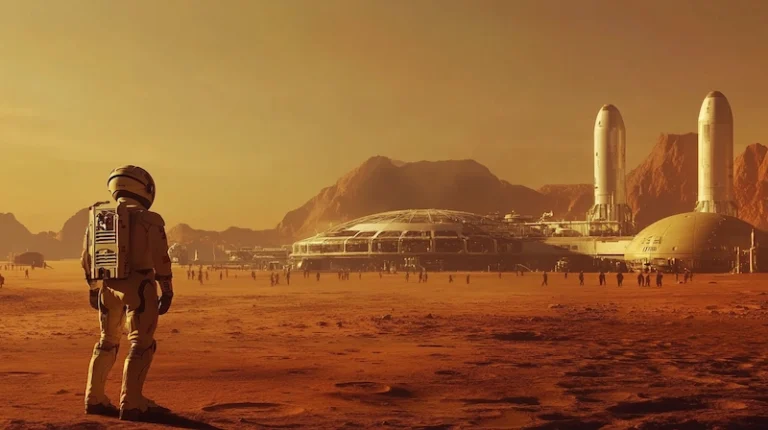 Astronaute regardant une colonie sur Mars