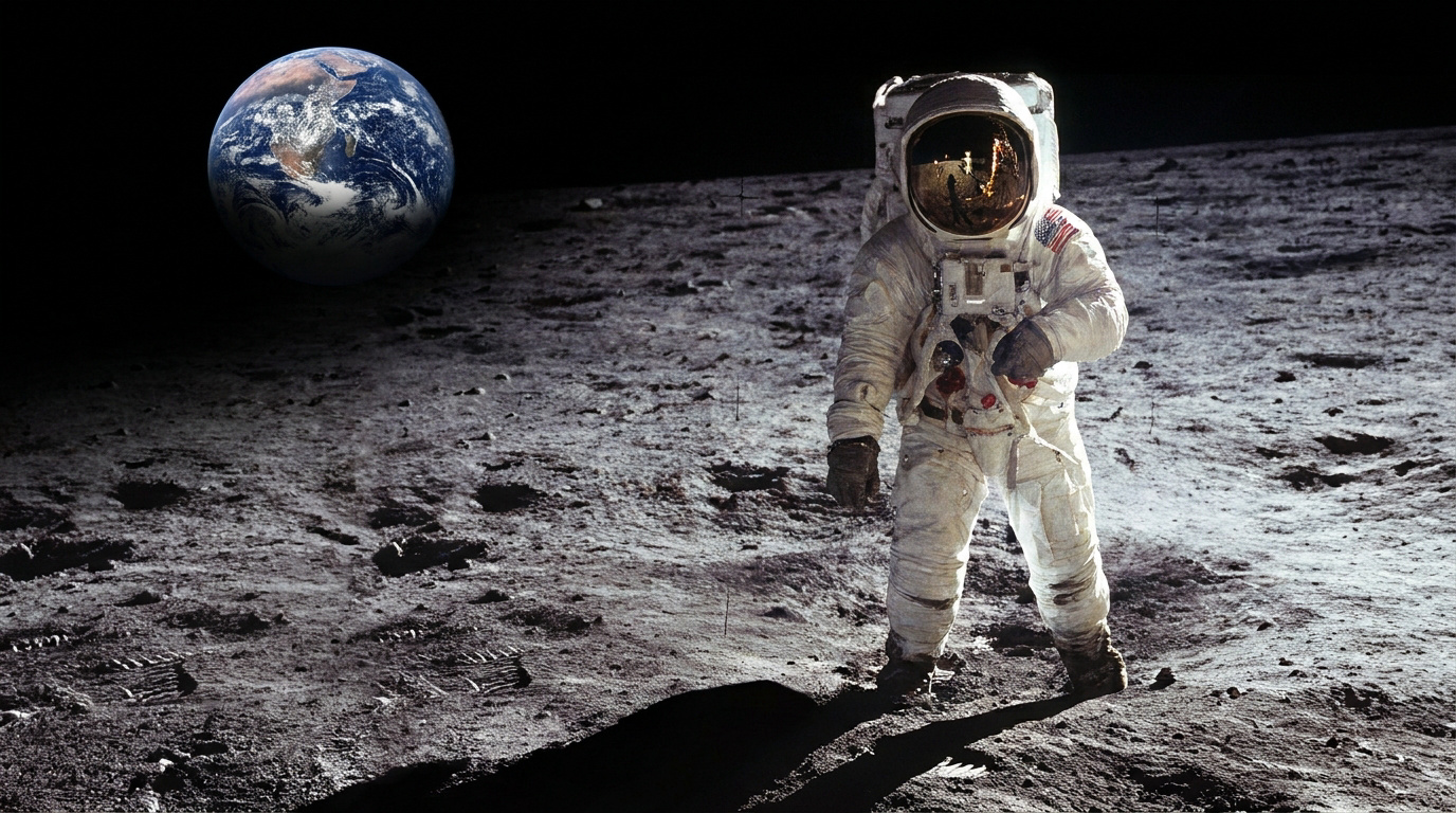 Astronaute sur la Lune, combinaison blanche, drapeau US visible. La Terre est à gauche dans le ciel noir. Surface lunaire grise, roches, ombres.