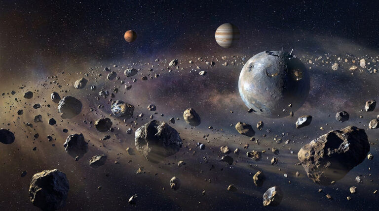 Vue spatiale d'une ceinture d'astéroïdes dense avec des roches flottantes, un astéroïde sphérique habité, Mars et Jupiter à l'arrière-plan.