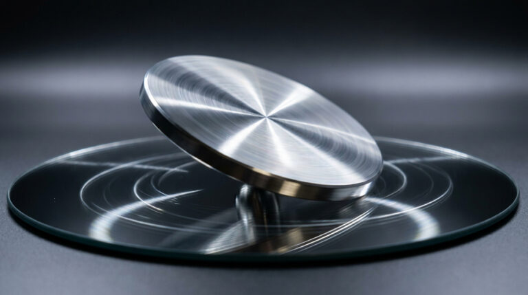 Disque d'Euler métallique brossé en rotation sur une surface miroir, créant des reflets concentriques sur fond sombre.