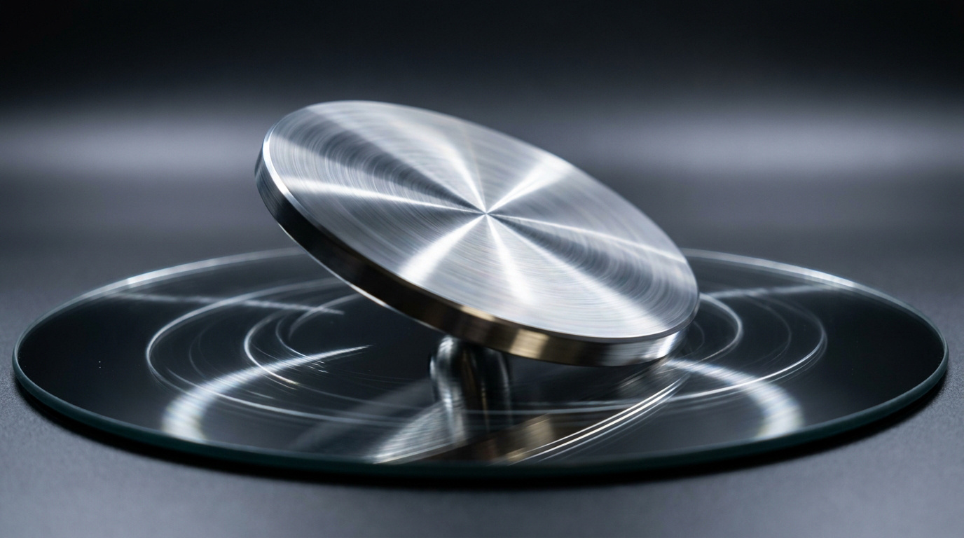 Disque d'Euler métallique brossé en rotation sur une surface miroir, créant des reflets concentriques sur fond sombre.