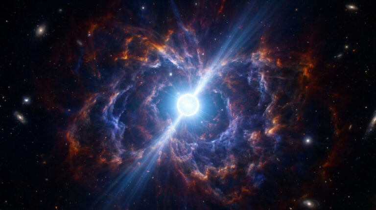 Illustration d'un pulsar intense au centre d'une nébuleuse colorée, émettant des jets de lumière. Des galaxies lointaines sont visibles.