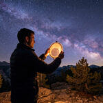Un homme tient une carte du ciel lumineuse face à la Voie lactée, entouré de montagnes et de pins sous un ciel étoilé.