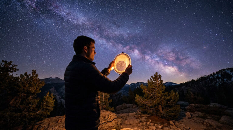 Un homme tient une carte du ciel lumineuse face à la Voie lactée, entouré de montagnes et de pins sous un ciel étoilé.
