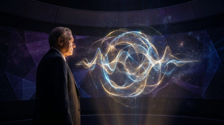 Homme âgé en costume regardant une projection holographique d'ondes énergétiques dorées et bleues, évoquant la physique quantique.