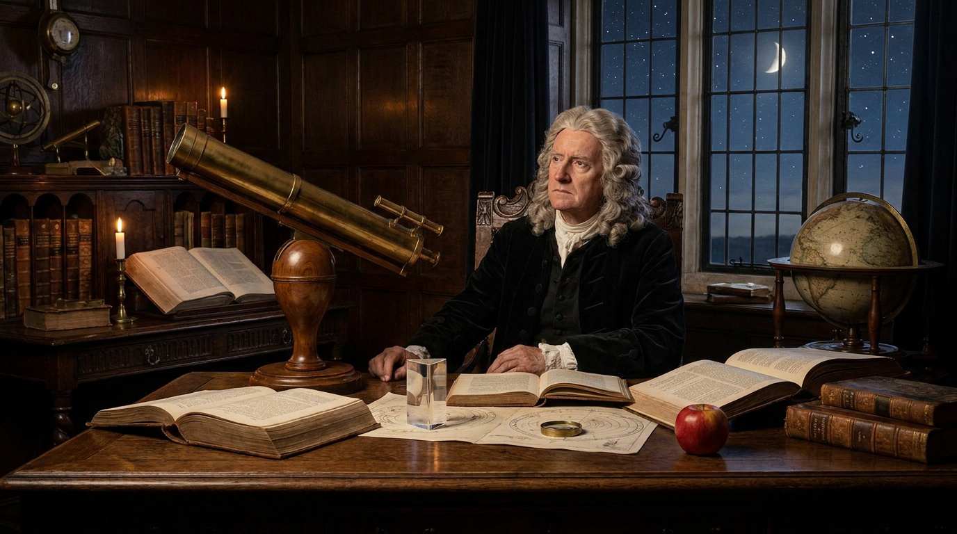 Isaac Newton, en perruque, assis à son bureau éclairé à la bougie. Il est entouré d'instruments scientifiques et de livres, face à une fenêtre donnant sur un ciel nocturne étoilé.