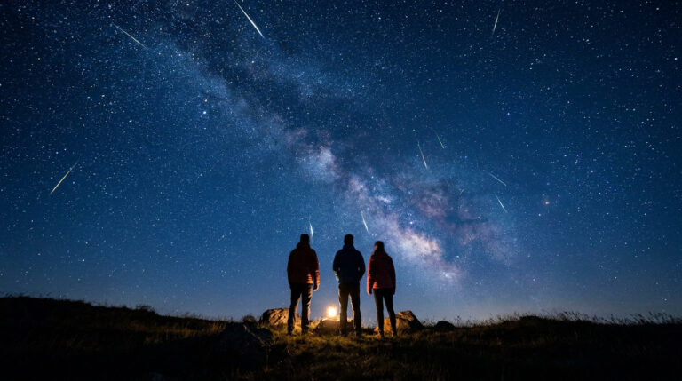Trois silhouettes observent un ciel nocturne rempli d'étoiles, de la Voie Lactée et de nombreuses étoiles filantes.