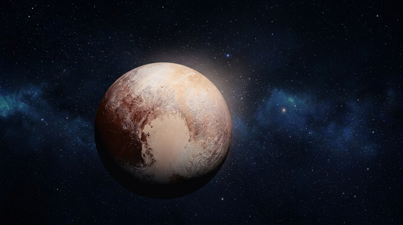 Représentation de Pluton, la planète naine, dans l'espace. Sa surface est variée, du rougeâtre au beige, avec un halo lumineux et un fond étoilé et nébuleux.