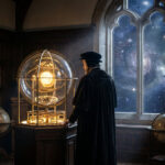 Un astronome observe un orrery héliocentrique brillant dans un bureau ancien, face à une fenêtre révélant un univers étoilé.
