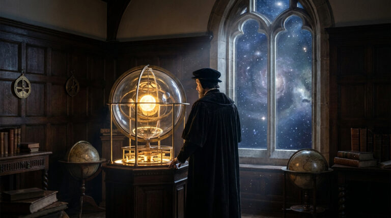 Un astronome observe un orrery héliocentrique brillant dans un bureau ancien, face à une fenêtre révélant un univers étoilé.