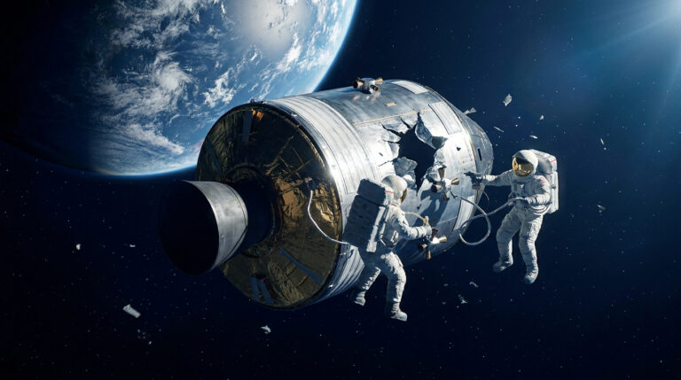 Deux astronautes en combinaison spatiale examinent un module de service spatial gravement endommagé en orbite terrestre, des débris flottent.
