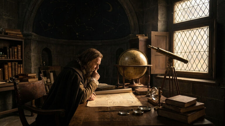 Un homme barbu, ressemblant à Kepler, étudie des cartes célestes dans un bureau ancien, entouré d'un globe et d'un télescope.