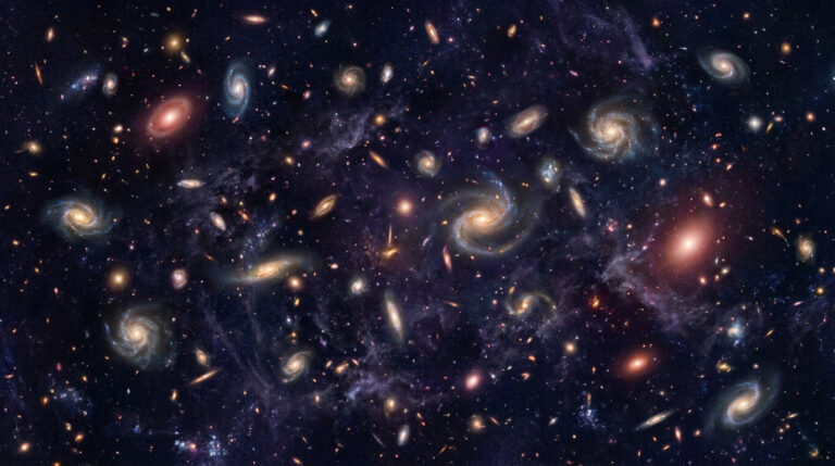 Image d'un champ profond de l'univers, montrant de nombreuses galaxies spirales et elliptiques de différentes couleurs sur un fond sombre et étoilé.