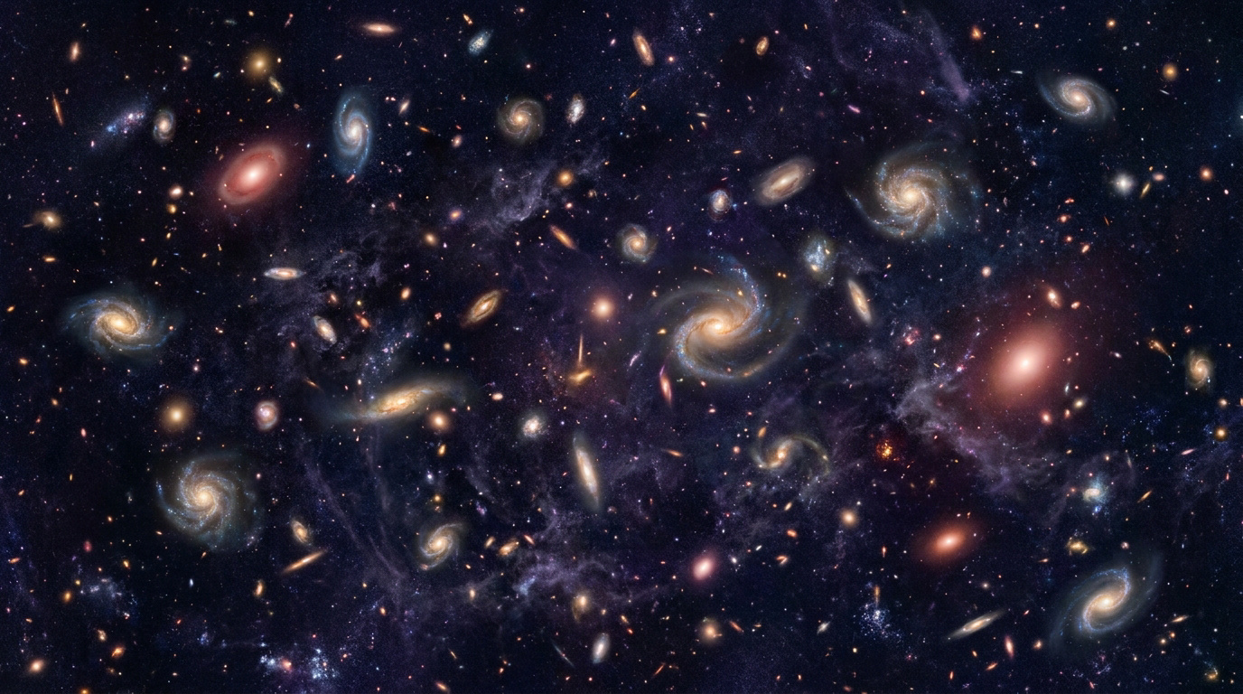 Image d'un champ profond de l'univers, montrant de nombreuses galaxies spirales et elliptiques de différentes couleurs sur un fond sombre et étoilé.