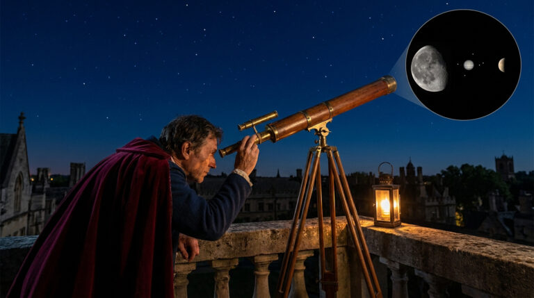 Un astronome utilisant une lunette ancienne pour observer la Lune et Jupiter depuis un balcon historique.