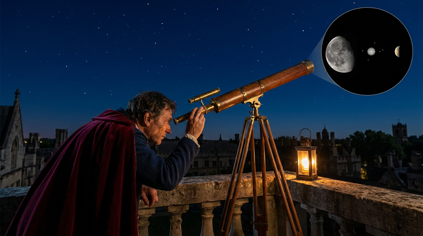 Un astronome utilisant une lunette ancienne pour observer la Lune et Jupiter depuis un balcon historique.