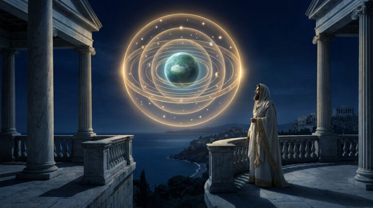 Aristote en toge observant un modèle lumineux du système géocentrique depuis une terrasse grecque la nuit.