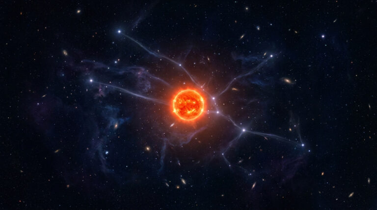 Une illustration d'Aldébaran, une étoile géante orange brillante, au centre d'un champ d'étoiles et de nébuleuses.