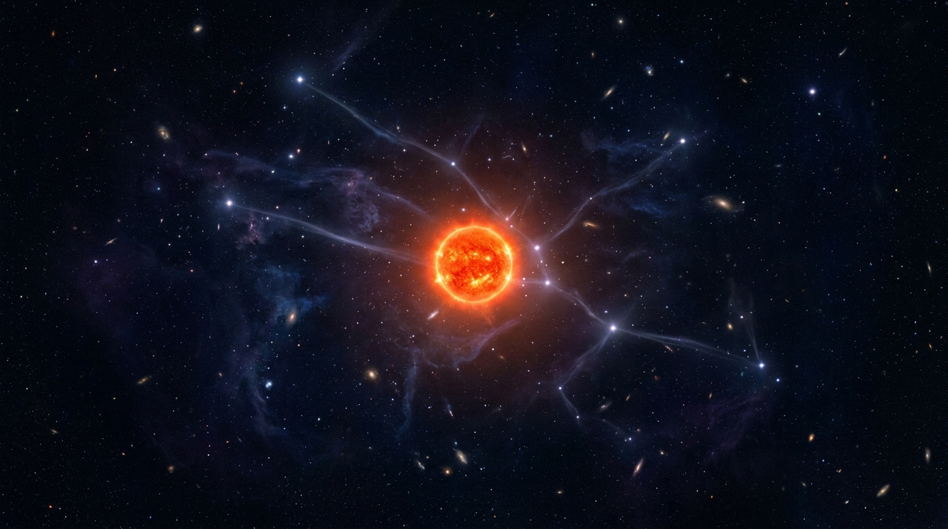 Une illustration d'Aldébaran, une étoile géante orange brillante, au centre d'un champ d'étoiles et de nébuleuses.