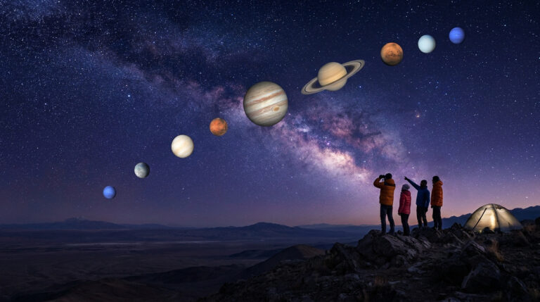 Quatre personnes observent l'alignement des planètes du système solaire sur fond de Voie lactée depuis un sommet rocheux.