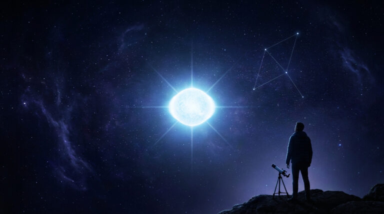 Une silhouette humaine observant l'étoile Altaïr et la constellation de l'Aigle avec un télescope sous un ciel étoilé.