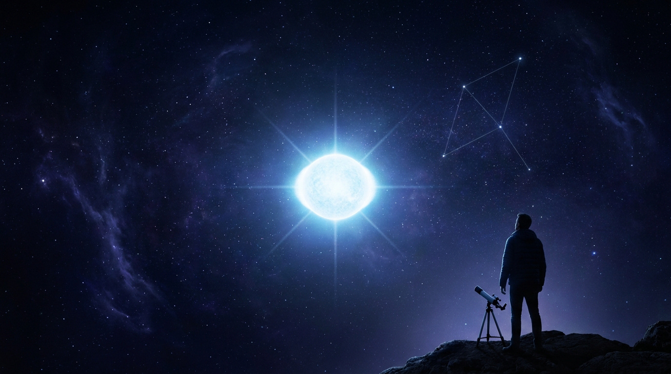 Une silhouette humaine observant l'étoile Altaïr et la constellation de l'Aigle avec un télescope sous un ciel étoilé.