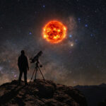 Un astronome observe Antarès, une géante rouge brillante, au sommet d'une montagne sous un ciel étoilé.