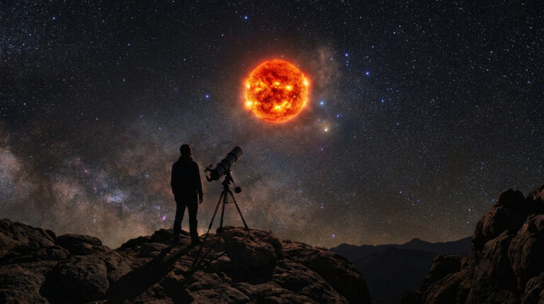 Un astronome observe Antarès, une géante rouge brillante, au sommet d'une montagne sous un ciel étoilé.