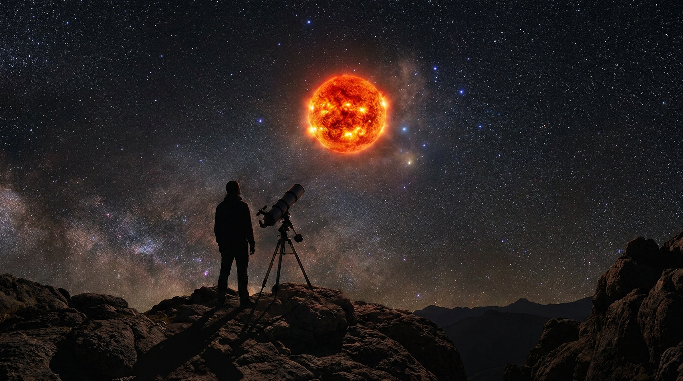 Un astronome observe Antarès, une géante rouge brillante, au sommet d'une montagne sous un ciel étoilé.