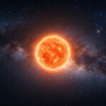 Une étoile géante orange brillante isolée au centre d'un champ d'étoiles et de la Voie lactée.