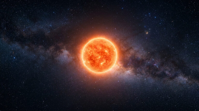 Une étoile géante orange brillante isolée au centre d'un champ d'étoiles et de la Voie lactée.
