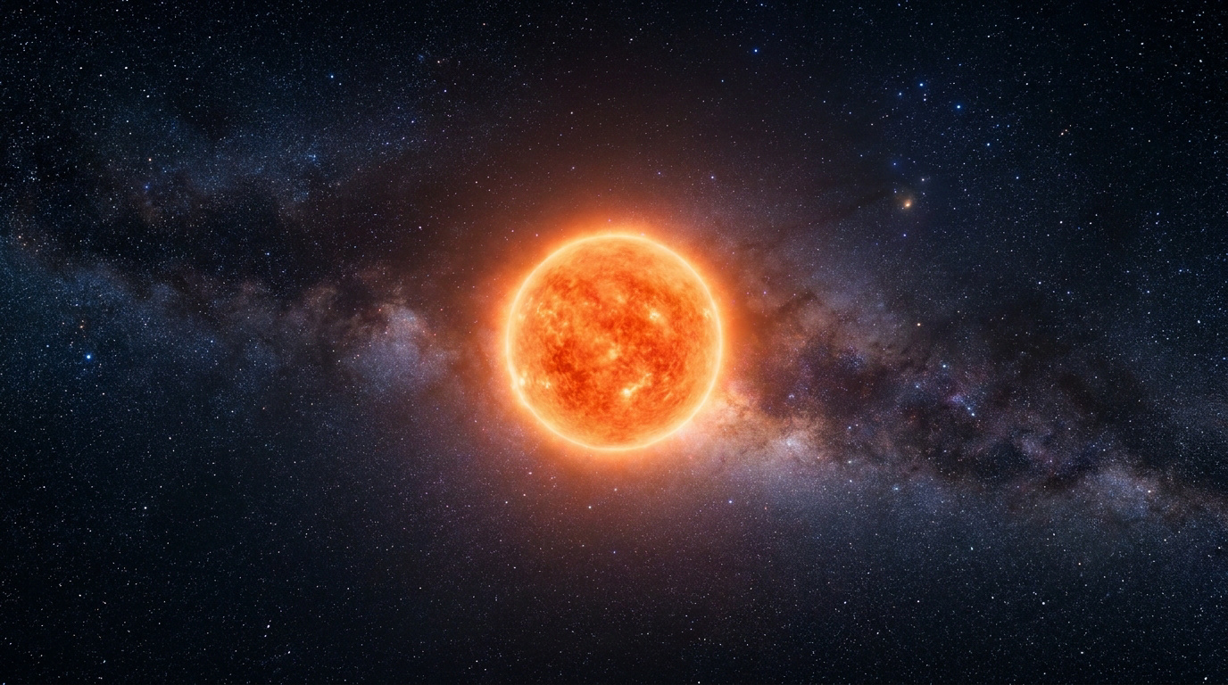 Une étoile géante orange brillante isolée au centre d'un champ d'étoiles et de la Voie lactée.