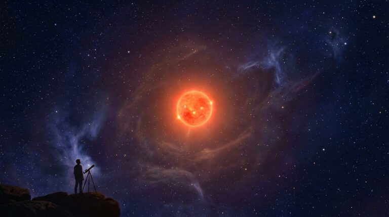 Un astronome observant une étoile géante rouge brillante au télescope dans un ciel étoilé profond.