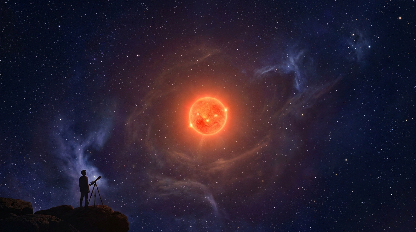 Un astronome observant une étoile géante rouge brillante au télescope dans un ciel étoilé profond.