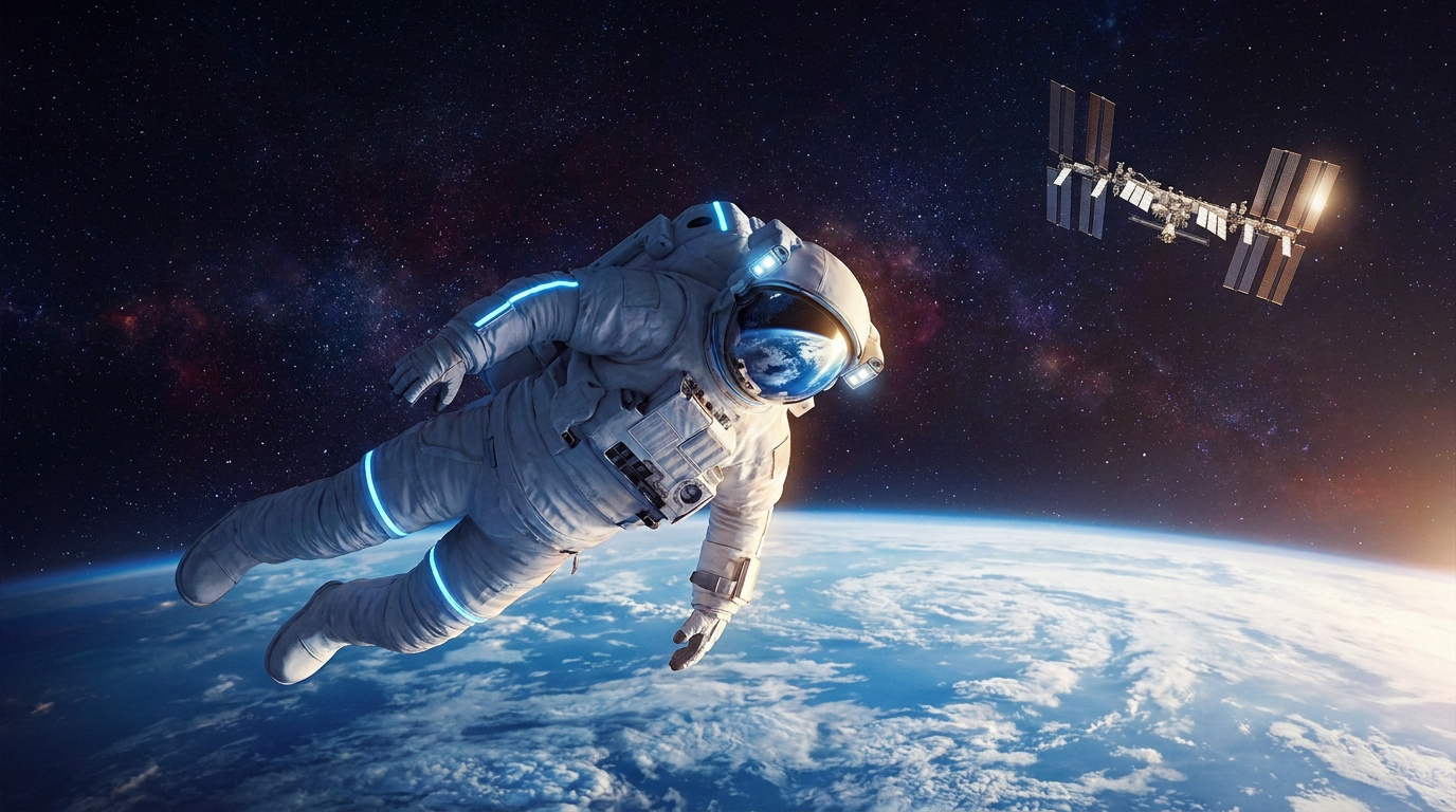 Un astronaute en combinaison spatiale flotte devant la Terre avec la Station spatiale internationale en arrière-plan.