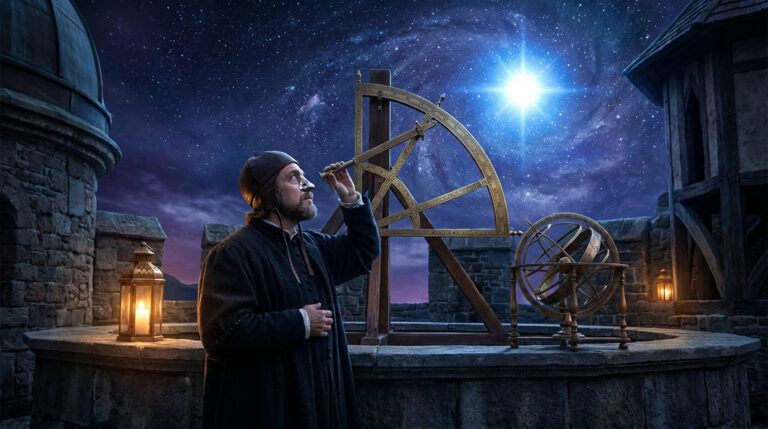 Tycho Brahe observant le ciel nocturne avec un grand quart de cercle astronomique ancien sur une terrasse de château.