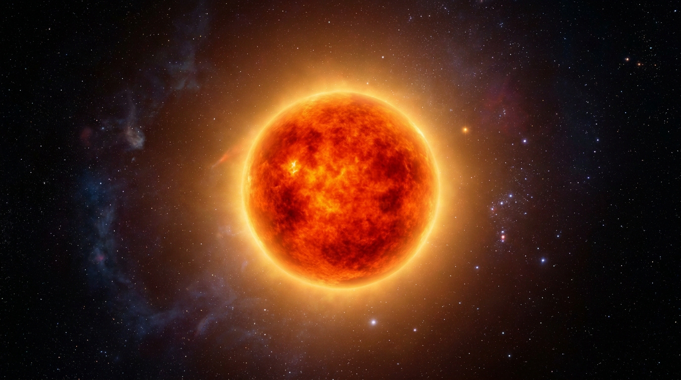 Vue d'artiste de l'étoile Bételgeuse, une sphère rougeoyante texturée flottant dans l'immensité de l'espace étoilé.