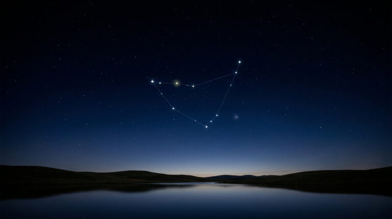 La constellation du Capricorne brille dans un ciel étoilé au-dessus d'un paysage lacustre calme.