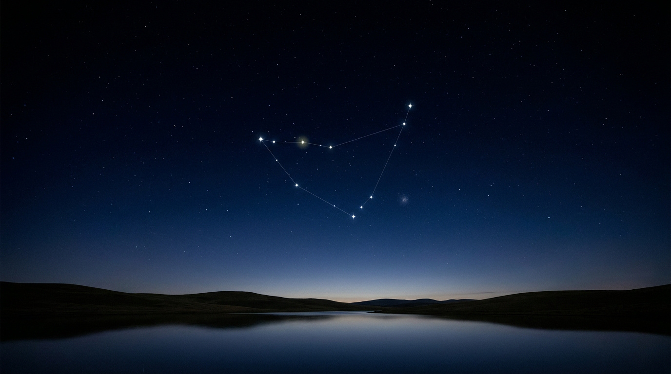 La constellation du Capricorne brille dans un ciel étoilé au-dessus d'un paysage lacustre calme.