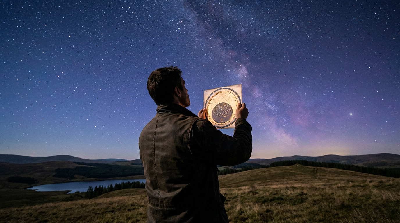 Un homme tenant une carte du ciel sous un ciel étoilé et la Voie lactée au-dessus d'un paysage de collines et un lac.