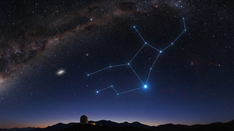 Constellation de la Vierge tracée dans le ciel étoilé au-dessus d'un observatoire astronomique.