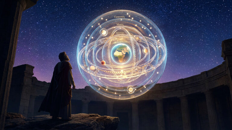Un philosophe grec contemple un modèle sphérique géocentrique illuminé sous un ciel étoilé nocturne.