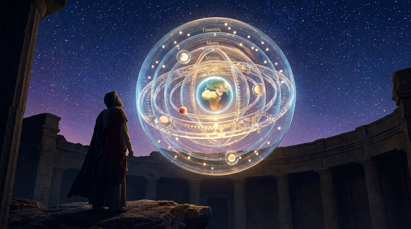 Un philosophe grec contemple un modèle sphérique géocentrique illuminé sous un ciel étoilé nocturne.