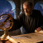 Un savant antique examinant un astrolabe et des cartes célestes devant un ciel étoilé sous une arche en pierre.