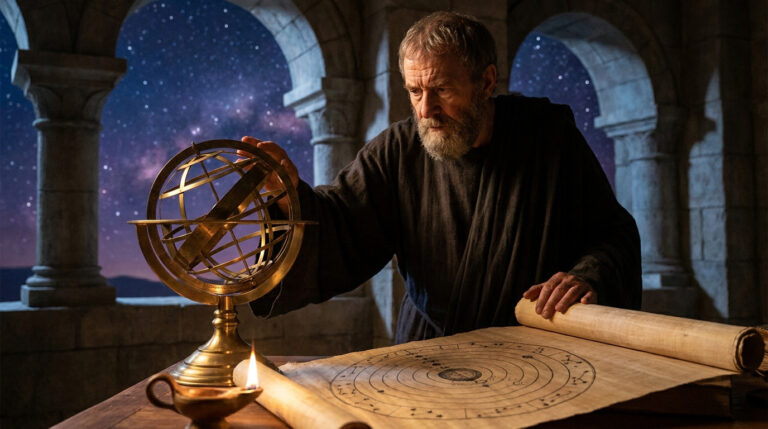 Un savant antique examinant un astrolabe et des cartes célestes devant un ciel étoilé sous une arche en pierre.