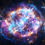 Une image colorée de l'espace montrant l'explosion d'une étoile en supernova avec des nuages de gaz et de lumière.