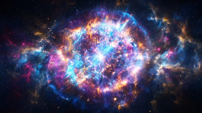 Une image colorée de l'espace montrant l'explosion d'une étoile en supernova avec des nuages de gaz et de lumière.