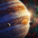 Jupiter et ses lunes flottant dans l'espace devant une nébuleuse colorée et scintillante.