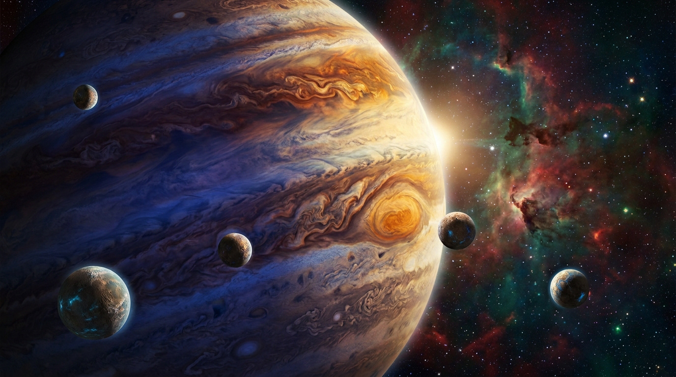 Jupiter et ses lunes flottant dans l'espace devant une nébuleuse colorée et scintillante.
