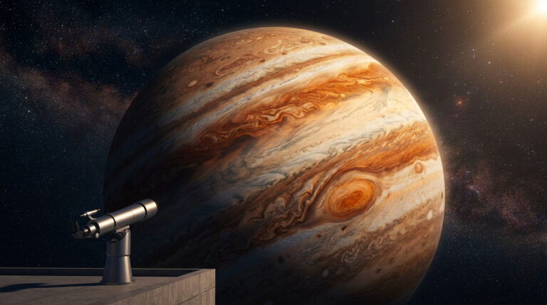 Un télescope pointé vers la planète Jupiter avec ses bandes nuageuses caractéristiques dans un ciel étoilé.